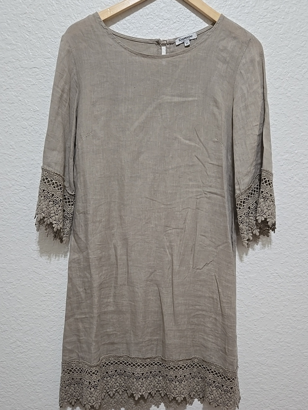 Rosemarine Italian Linen Casual Lace-Trim Tunic Dress - Taupe Oversized